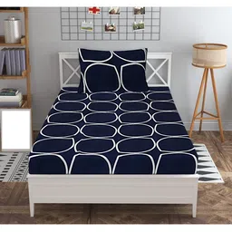 INDHOME LIFE Blue Geometric Cotton Fitted 210 TC Single Bedsheet With 1 Pillow Cover-image-26