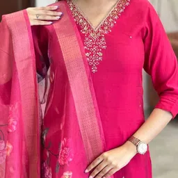 LIVIX Women Floral Embroidered Regular Thread Work Chanderi Silk Kurta with Palazzos & With Dupatta-image-36