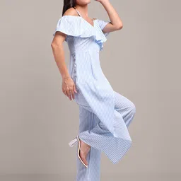 iki chic Off-Shoulder Striped Basic Jumpsuit with Ruffles image 3