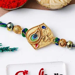 eCraftIndia Artfificial Stones Studded And Beaded Peacock Feather Rakhi image 3