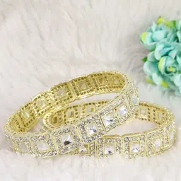 zulka Set of 2 Golden Metal Bangles Kada with Zircon Diamond & Kundan Mirror-picture-29