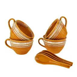 StyleMyWay Set of 4 Sand Yellow & Off White Ceramic Soup Cup with Spoon image 3