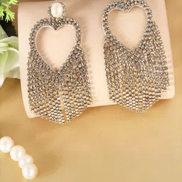 IIK COLLECTION Silver Gold-Plated Artificial Stones Studded Heart Shaped Drop Earrings-picture-40