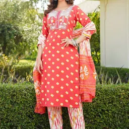 KALINI Ethnic Motifs Printed Thread Work Straight Kurta With Trousers & Dupatta image 4