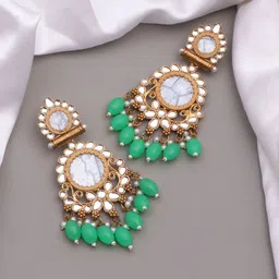 BELWICK Brass Plated Kundan Studded & Beaded Contemporary Drop Earrings image 2