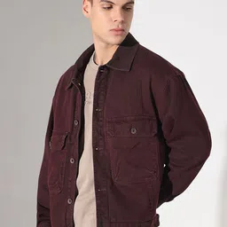 SHOWOFFFF Men Spread Collar Solid Denim Jacket image 2