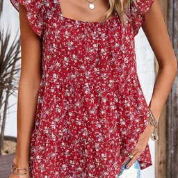 StyleCast Women Floral Printed Flutter Sleeve Tiered Top-image-58