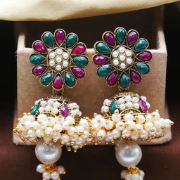 Anouk Gold Plated Artificial Stones Studded And Beaded Dome Shaped Jhumkas-picture-45