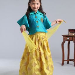 Babyhug Half Sleeves Choli With Chanderi Work Lehanga and Net Dupatta - Turquoise Green & Light Green-image-111