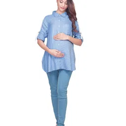Kriti Three Fourth Sleeves Striped Maternity Tunic - Light Blue-picture-27