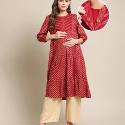 Bella Mama Three Fourth Sleeves Printed Maternity Ethnic Kurta - Red-picture-14
