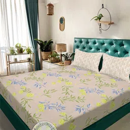 Aura Beige & Blue Floral 300 TC Fitted Double King Bedsheet Set 2.50 m x 2.25 m-picture-32