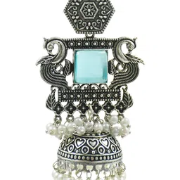 NAMAN ARTS Silver-Plated Artificial Stones Studded And Beaded Dome Shaped Jhumkas image 2