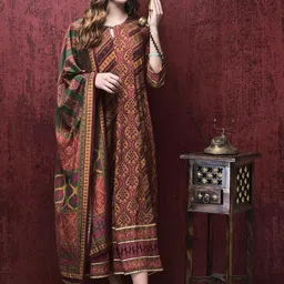 Shree Ethnic Motifs Liva Fit & Flare Keyhole Neck Maxi Dress-image-0