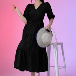 Raiyani Enterprise Women V-Neck Tiered Fit & Flare Maxi Dress-image-96