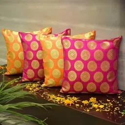 RoyalDeco Orange & Mandala 4 Pieces Ethnic Motifs Brocade Square Cushion Covers-picture-13