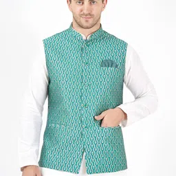 Badoliya & Sons Woven Design Mandarin Collar Nehru Jacket With Pocket Square-picture-12