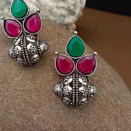 Sanjog German Silver Brass Plated Artificial Stones Studded Leaf Shaped Studs image 2