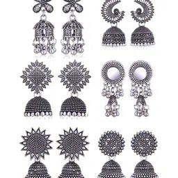 MEENAZ Set Of 6 Silver Plated Oxidised Dome Shaped Jhumkas-image-99