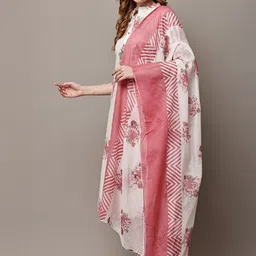 HERE&NOW Floral Printed Mandarin Collar Pure Cotton Straight Kurta With Trousers & Dupatta-picture-23
