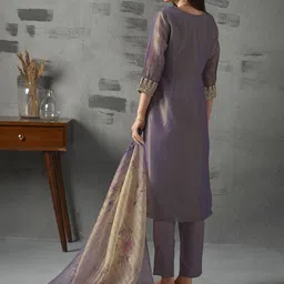 Anouk Floral Yoke Design Regular Thread Work Straight Kurta with Trousers & Dupatta image 5
