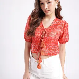 fusion by glitchez Ethnic Motifs Printed Puff Sleeve Crop Top-image-75