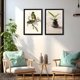 Giftii 2-Pcs Cream-Coloured & Green Printed Wooden Framed  Wall Art-image-0