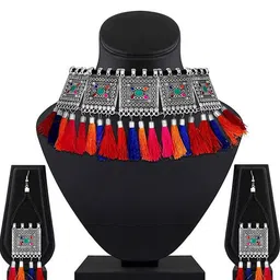 Oxidized Heaven Sterling Silver-Plated Stone Studded Tassel Jewellery Set-picture-34