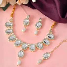 Jewels Nest Stainless Steel Gold-Plated AD Studded & Pearls Beaded Jewellery Set-image-34