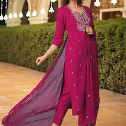 KALINI Floral Embroidered Round Neck Thread Work Straight Kurta With Trousers & Dupatta image 2