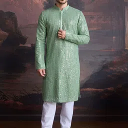 House of Pataudi Floral Embroidered Mandarin Collar Chikankari Cotton Straight Kurta-picture-10