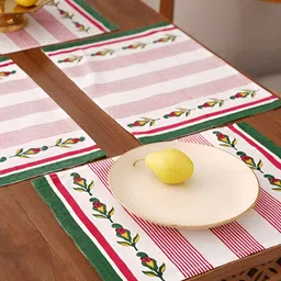 JAYPORE 4Pcs White & Green Printed Rectangle Table Cotton Placemats-picture-1