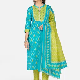 Vbuyz Women Green Embroidered Panelled Pure Cotton Kurti with Trousers & With Dupatta image 5