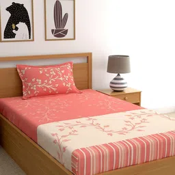 Dreamscape Peach & Beige Floral 140 TC Pure Cotton Single Bedsheet With 1 Pillow Covers-image-0