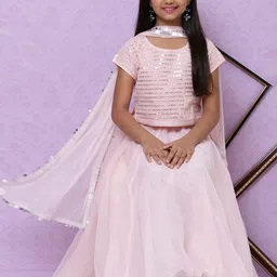 Biba Girls Pink Mirror Work Ready to Wear Lehenga & Blouse with Dupatta image 4