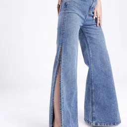 glitchez Women Vintage Glam Wide Leg High Slit Stretchable Jeans-picture-32