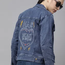VOXATI Women Blue Typography Embroidered Denim Jacket-picture-18