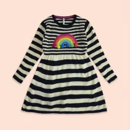 Pantaloons Junior Navy & White Cotton Striped Full Sleeves Dress image 1