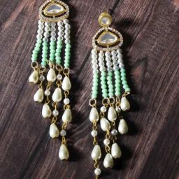 Karatcart Gold-Plated Light Green Crystals Polki Kundan Tassel Dangler Earrings for Women-picture-36