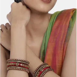 Peora Gold Plated Maroon Kundan Silk Thread Chooda Bangle Set image 2