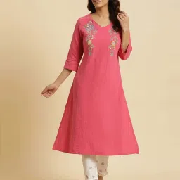 W Pink Cotton Embroidered A Line Kurta image 1