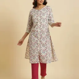 W Off-White Cotton Printed Straight Kurta image 1