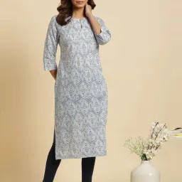 W Blue Cotton Printed Straight Kurta image 1