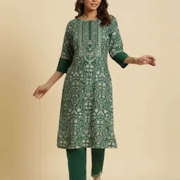 W Green Printed Straight Kurta image 1