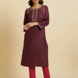 W Purple Embroidered Straight Kurta image 1