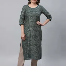 Aurelia Green Cotton Printed Straight Kurta image 1