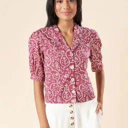 Akkriti by Pantaloons Magenta Cotton Printed Crop Shirt image 1