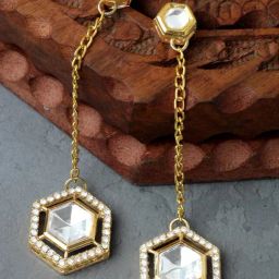 Karatcart Gold-Plated Hexagonal Design Polki Kundan Drop Earrings for Women-picture-37