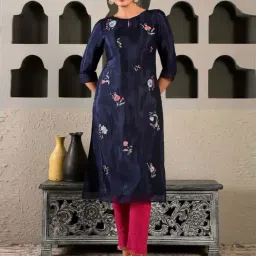 W Navy Embroidered Straight Kurta-image-88