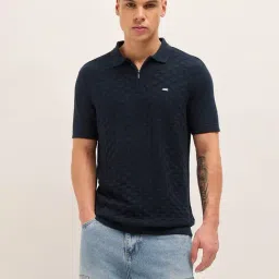 The Bear House Navy Cotton Regular Fit Texture Polo T-Shirt-picture-16